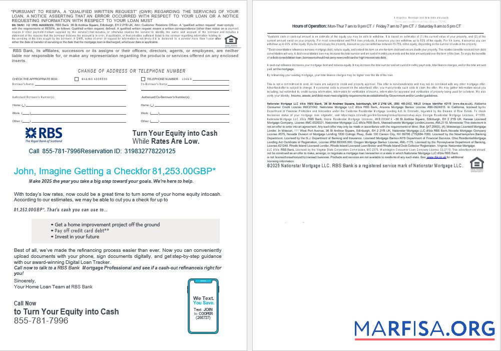 Realistic United Kingdom Royal Bank of Scottish (RBS) bank mortgage loan statement in Word and PDF formats , 4 pages 3 4 download for verification